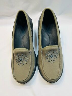 Bzees Olive Green Slip-On Wedge Loafers with Decorative Stud Detail